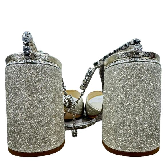 New Jimmy Choo Saeda Block Heel Glitter Crystals Sandals Platinum Size 38 - Picture 7 of 14
